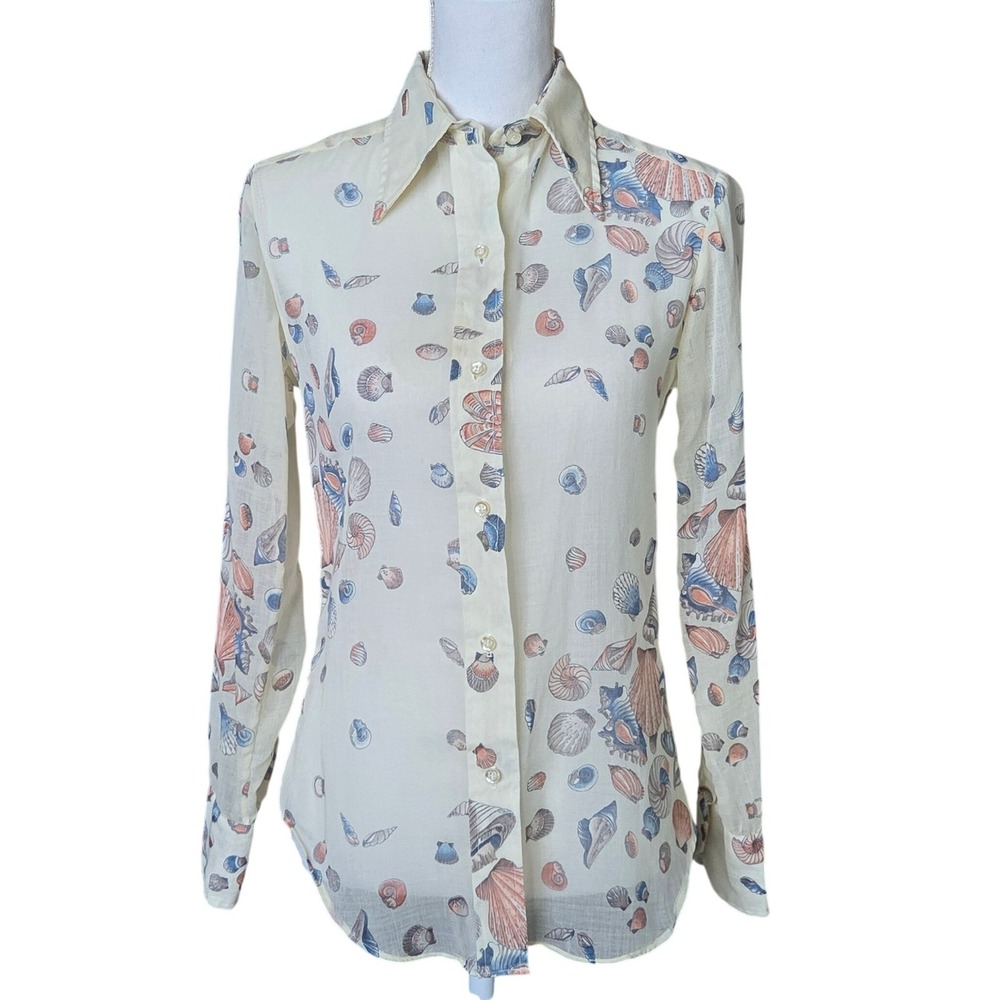 Vintage Harbinger Ltd Seashell Print Button‎ Down Top Cream Coastal Nautical 10
